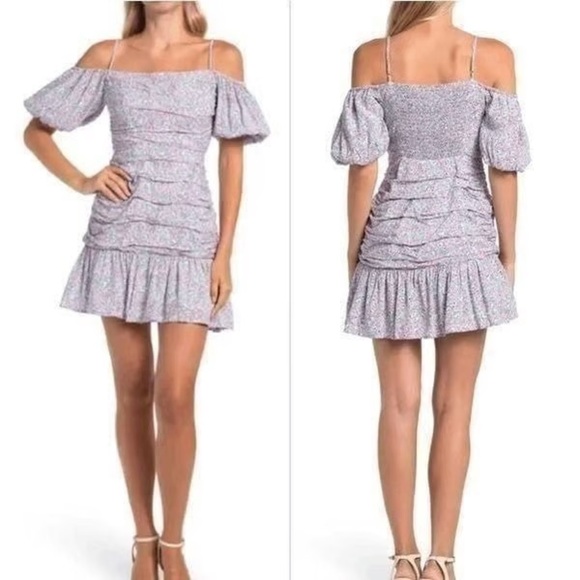 ASTR the Label Rushed Off Shoulder Blue Pink Ditsy Mini Floral Dress Size S - Picture 1 of 9